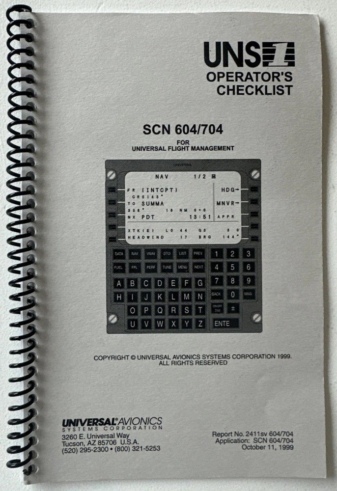 UNS-1 OPERATOR'S CHECKLIST SCN 604/704 for Universal Flight Management