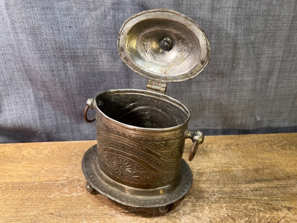 Antique Turkish Tea Coffee Container Caddy Footed Lidded Embossed Metalware