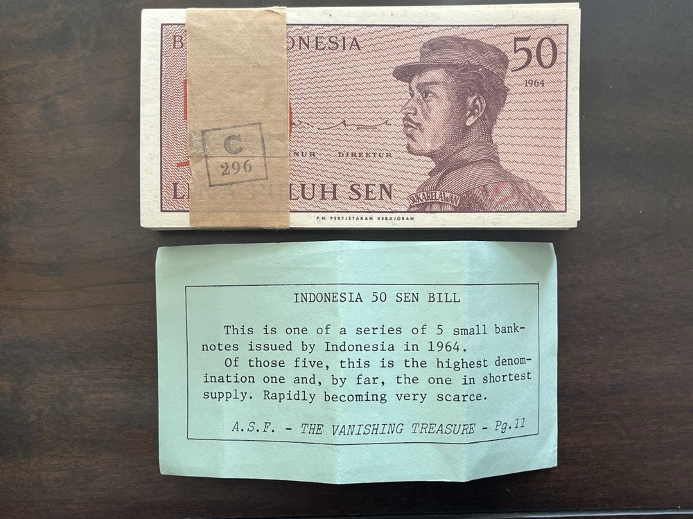 Pack Bundle of 100x  50 Sen Bill Indonesia Uncirculated & Consecutive Banknotes