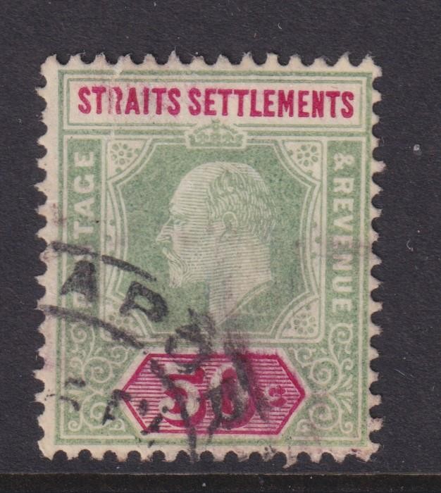STRAITS SETTLEMENTS,1905 KEVII Multiple Crown CA, 50c. Green & Carmine, used.