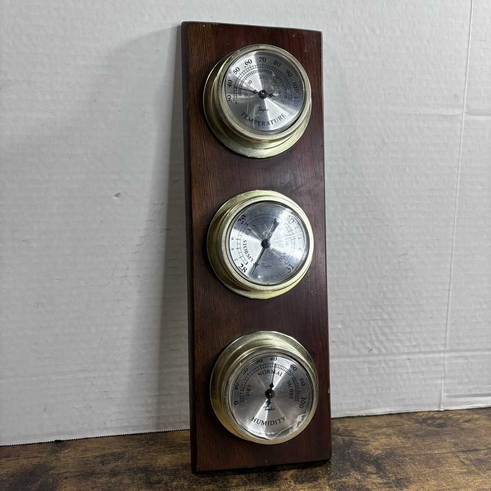 Vintage Taylor Thermometer Hygrometer Weather Station Combo On Solid Oak Panel