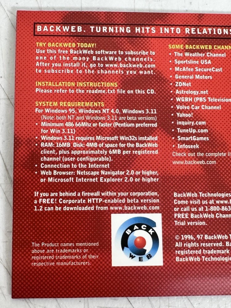 RARE Vtg 1996/97 BackWeb Technologies CD-ROM Push Tech Internet Client Win95 NT