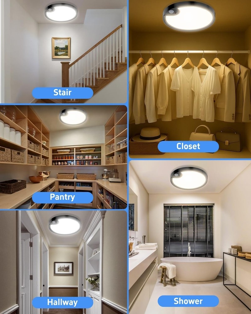 Waterproof Shower Light Indoor - Rechargeable Motion Sensor Ceiling Light, 3C...