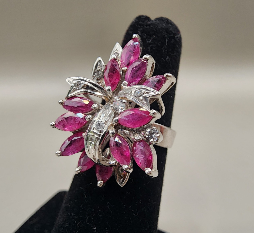 Vtg Sterling Silver 925 Simulated Ruby Spray Cocktail Ring - Multiple Sizes