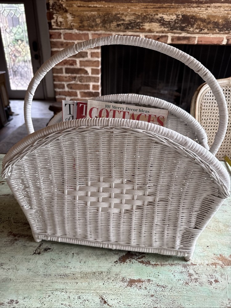 Vintage White Wicker Magazine Rack Storage Stand