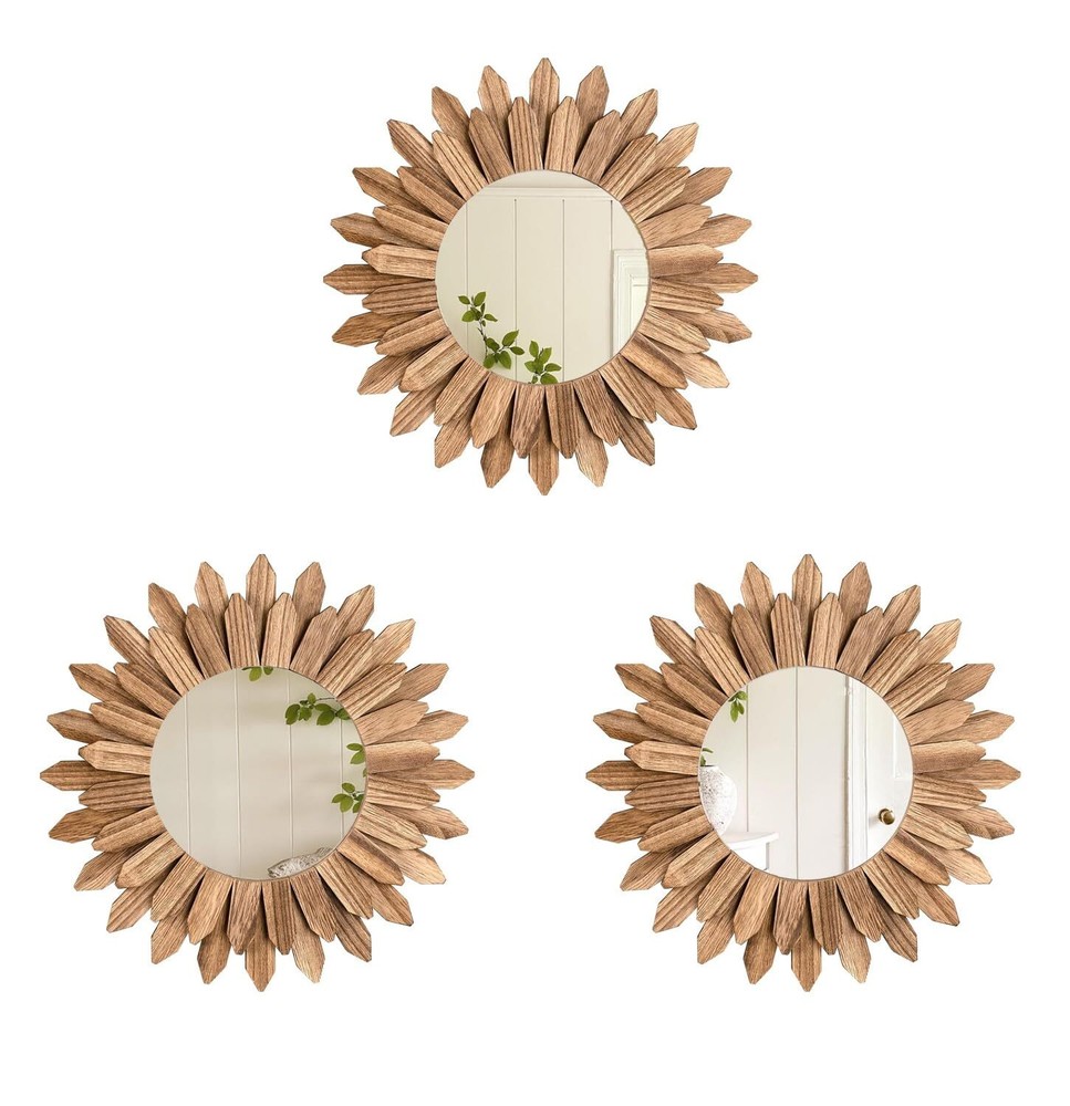 Boho Wall Decor Sunburst Mirror 3 Pack Rustic Round Wood Mirror 12 Inch Boho Mir