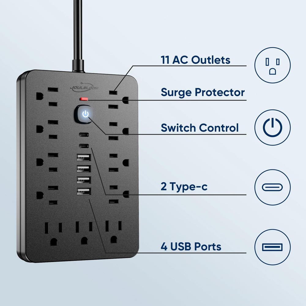 JouleLoom 6 FT Flat Plug Surge Protector Power Strip,11 Multiple 6 FT, Black