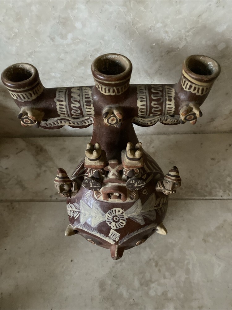 Vtg Peruvian Pottery Vase Candle Holder Hand Crafted Figural