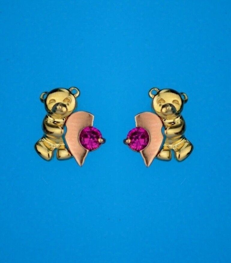 14k Yellow Gold CZ Heart Bear Stud Earring