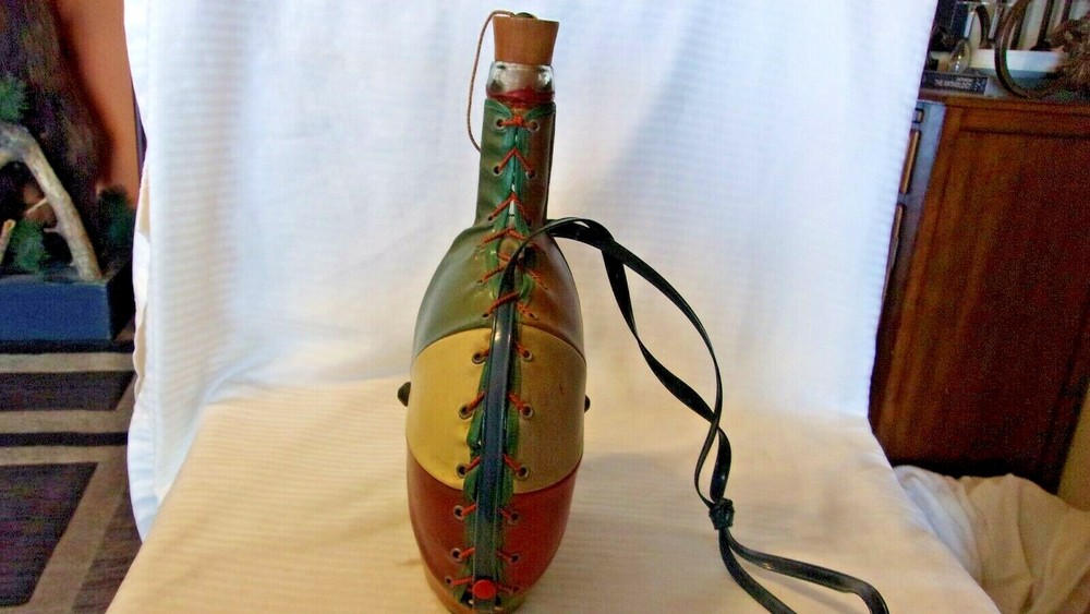 Multi Colored Leather Wrapped Glass Bottle, With Carrying Strap, Stopper