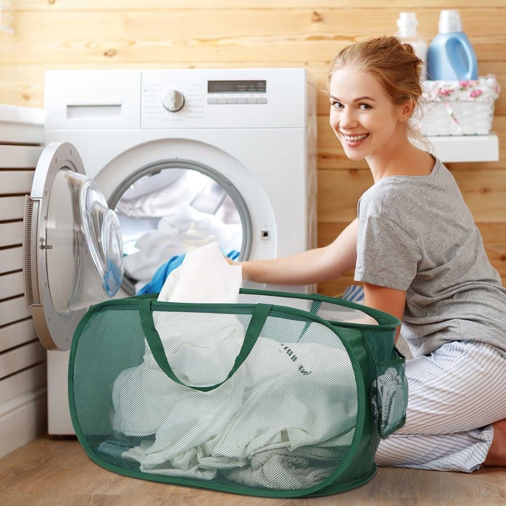 2 Pcs Durable Collapsible Laundry Baskets - Reinforced Mesh Pop Up Laundry Ha...