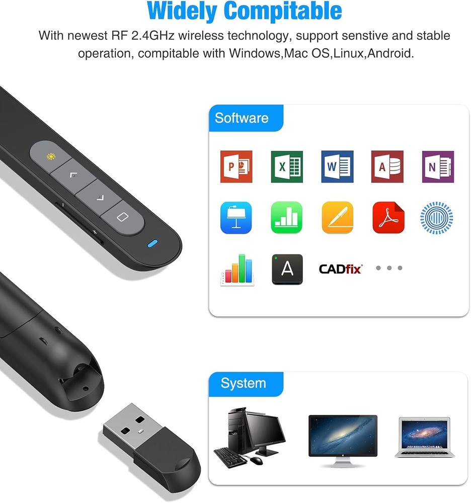 Wireless Presenter Remote with Air Mouse Control, Rechargeable USB
