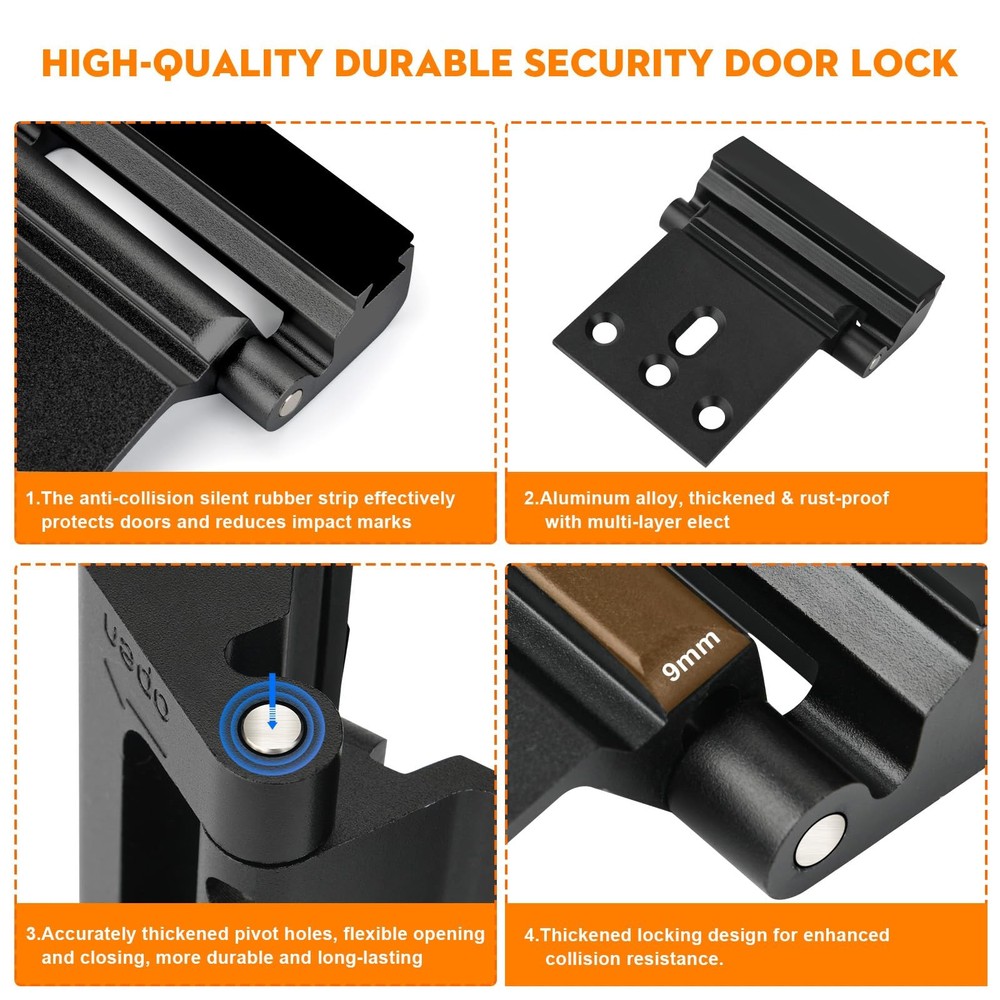 Home Security Door Reinforcement Lock, Upgraded Front 2 Pack, Black