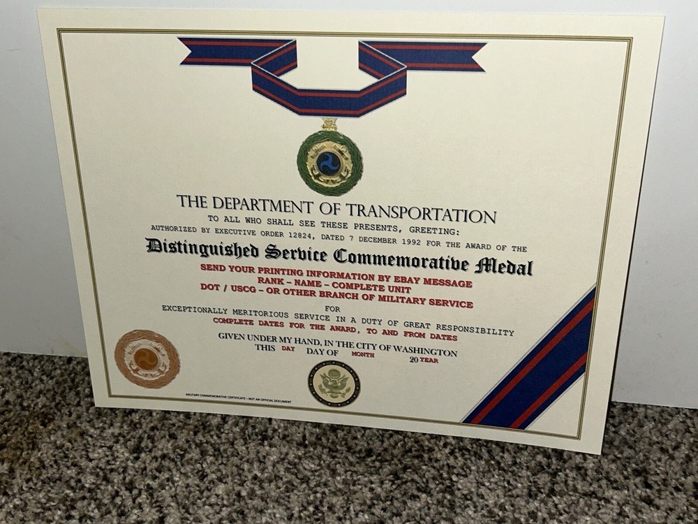 D.O.T. DISTINGUISHED SERVICE MEDAL COMMEMORATIVE CERTIFICATE ~ TYPE-2 w/PRINTING