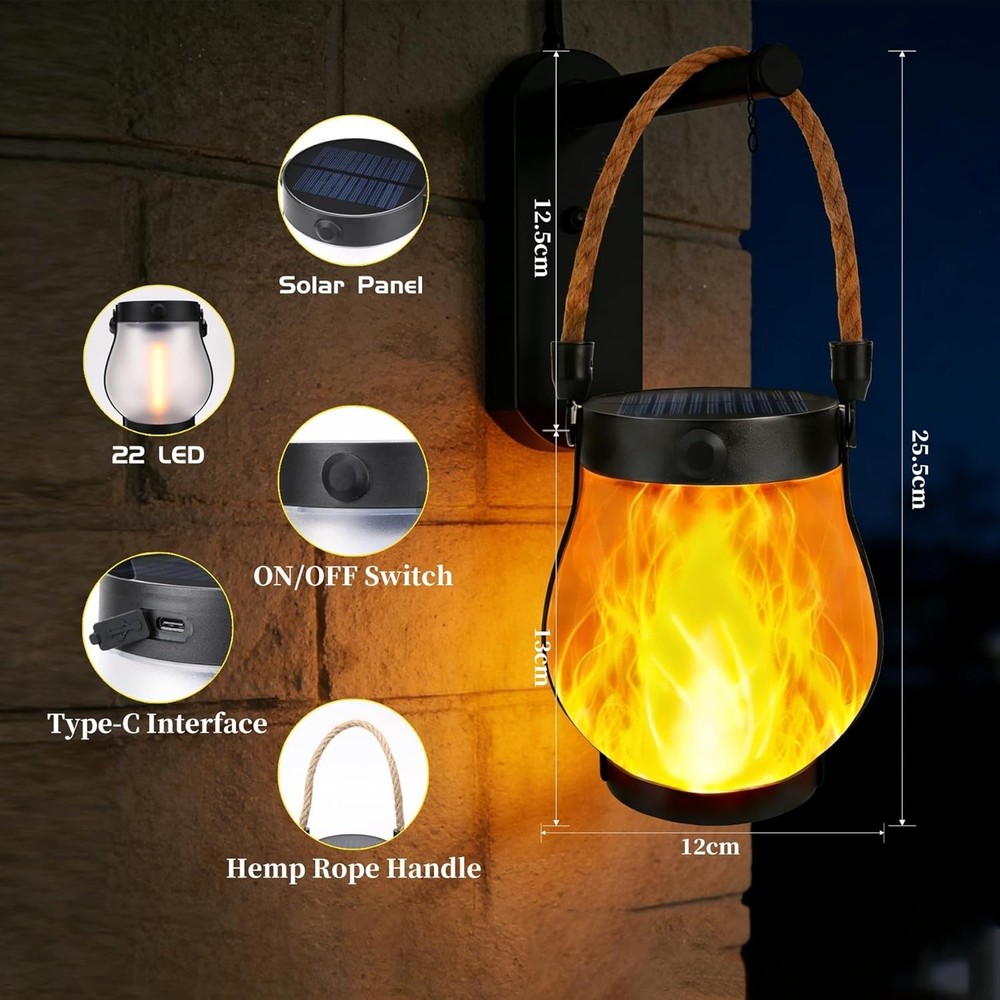 2 Pack Solar Lanterns Outdoor Waterproof, Flickering Flame Hanging Lanterns D...