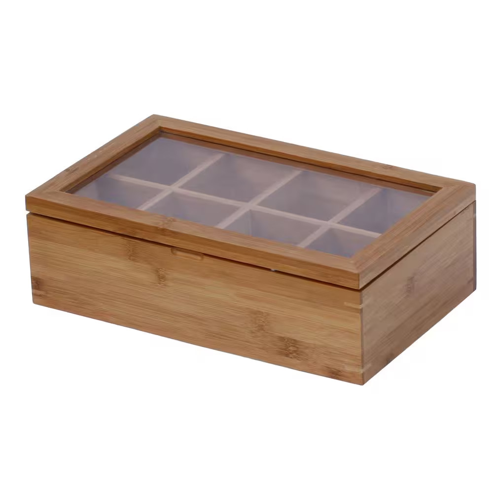 Bamboo Tea Box 8-Compartment Hinged Lid Storage Display Organizer
