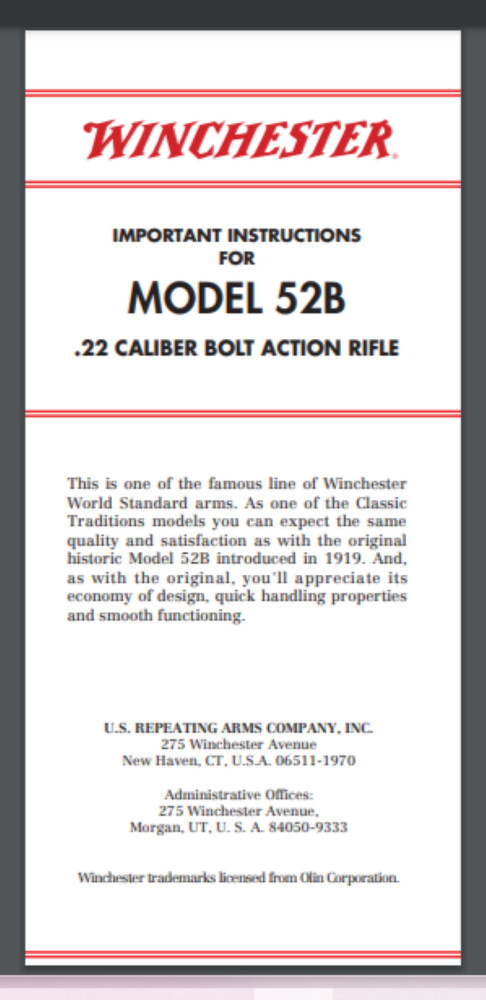 WINCHESTER Model 52B Owner's Instruction's .22 19 pages comb bound