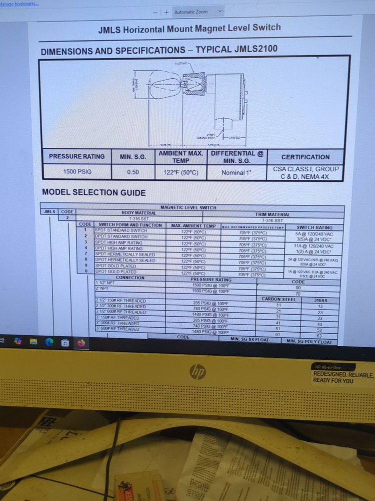 Jerguson JMLS 2200 Side Mounted Float Operated Level Switch