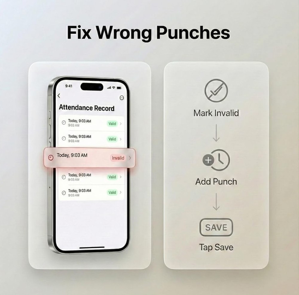 App-Based Time Clock, 5s Setup, Auto Break, Lunch & Overtime Rules, Local Data