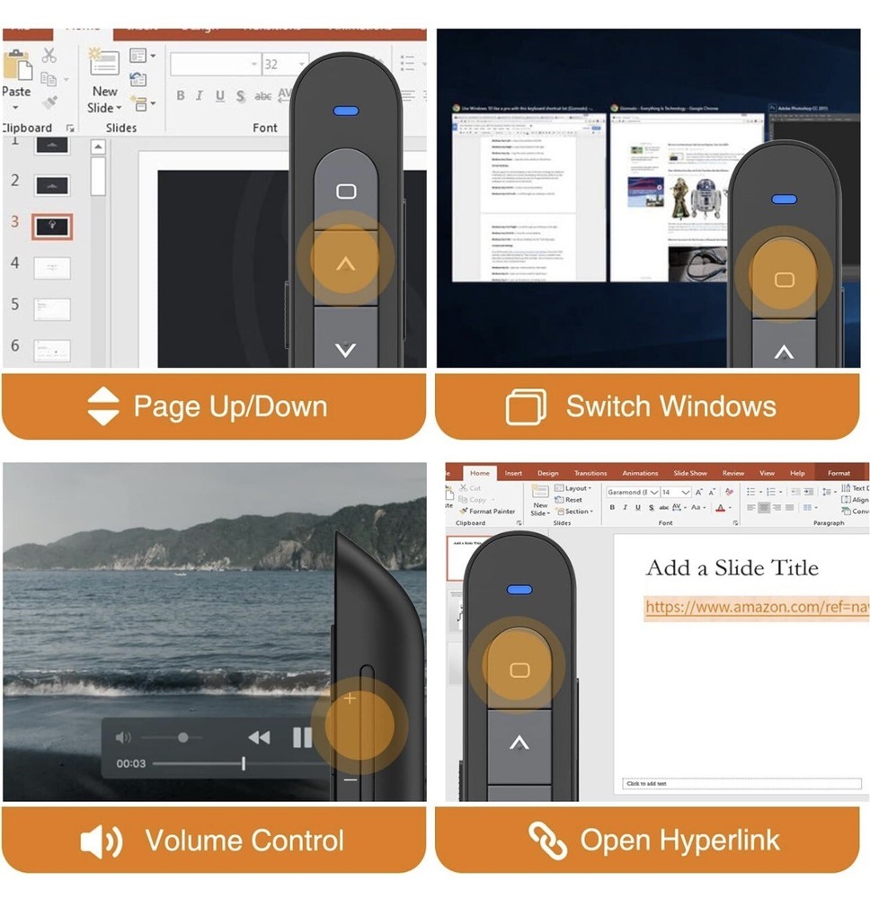 presentación clicker, presentador inalámbrico control de volumen