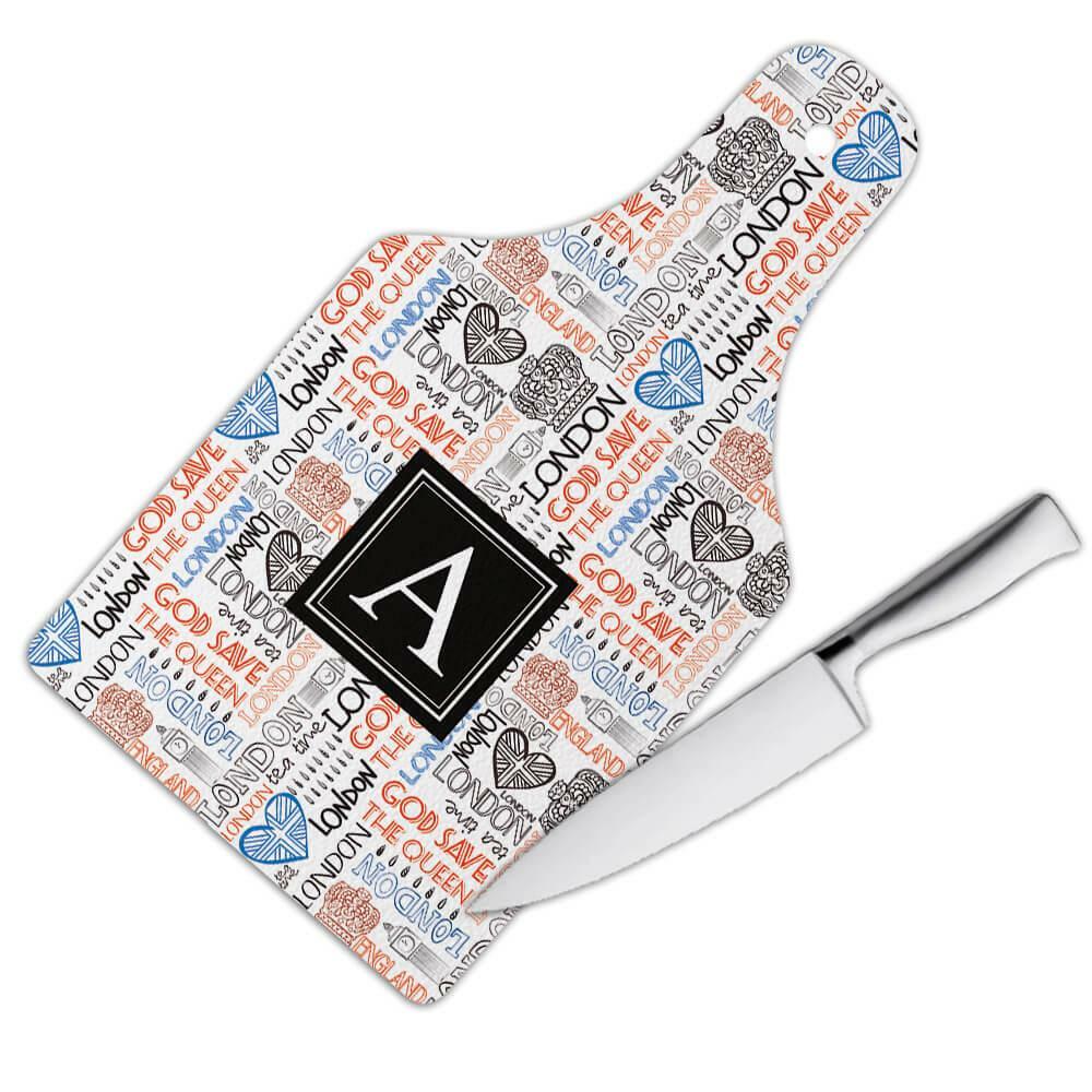 Gift Cutting Board : London Text Pattern Travel Royal Crown Tea Time Bag Craft