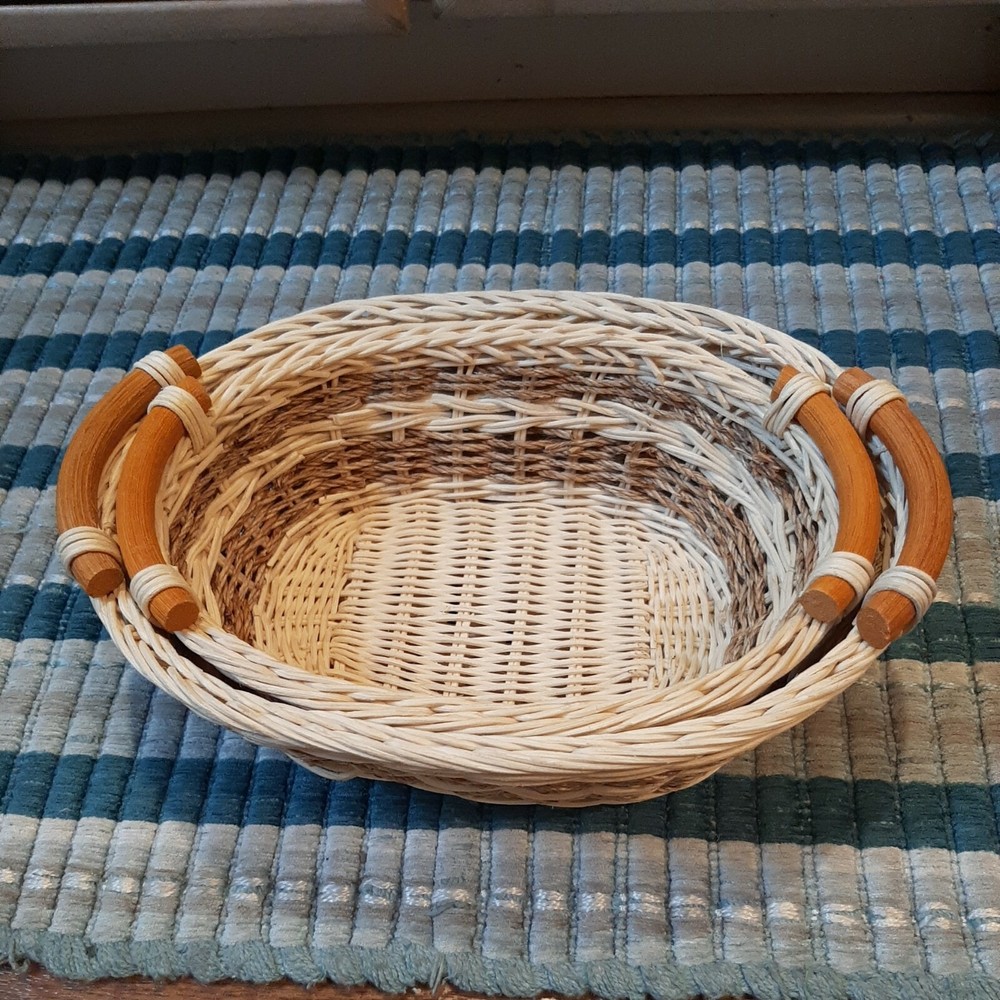 2 Oval Wicker Serving Baskets Wood Handles
