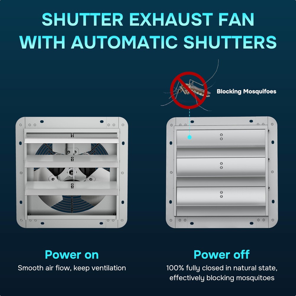 Shutter Exhaust Fan 14 Inch with Temperature Controller & Power Cord Kit Silver