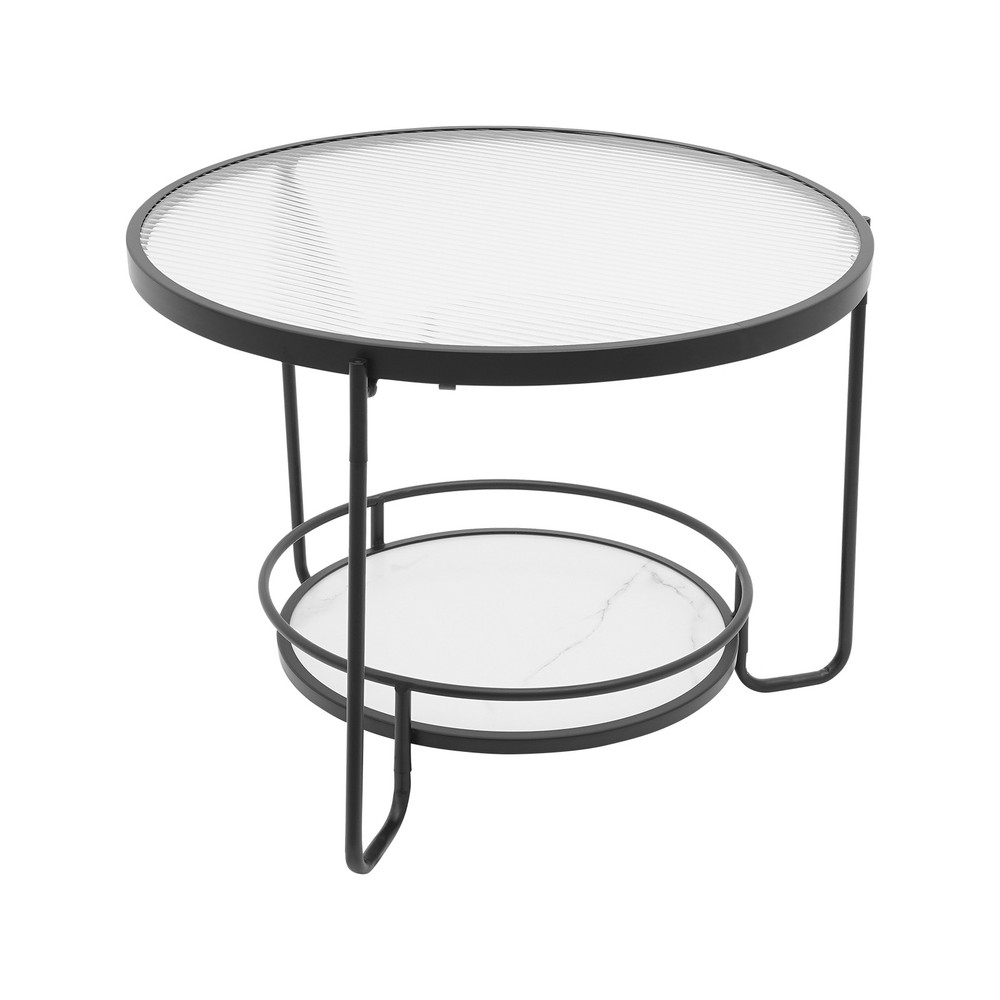 2-tier Modern Side Table Round Black End Table Tempered Glass Coffee Table 60cm