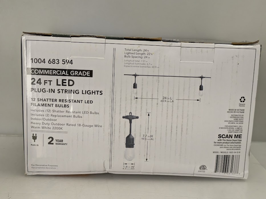 Hampton Bay 24ft 12-Light Edison Black String Lights Indoor/Outdoor LED Bulbs