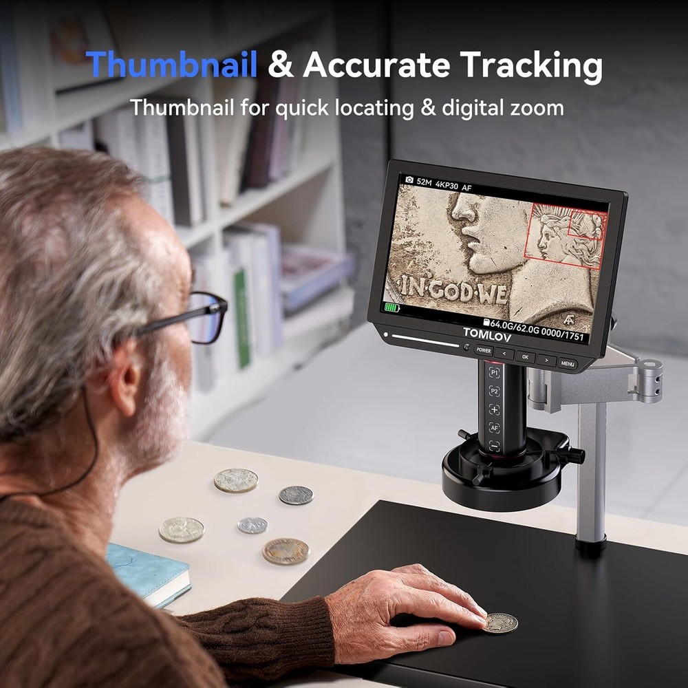 TOMLOV 4K Autofocus Microscope 10" HDMI Digital Microscope 2000X Coin Microscope