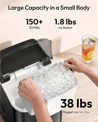Nugget Ice Maker Countertop with Handle, Ready in 6 Mins/Day, 38lbs Black