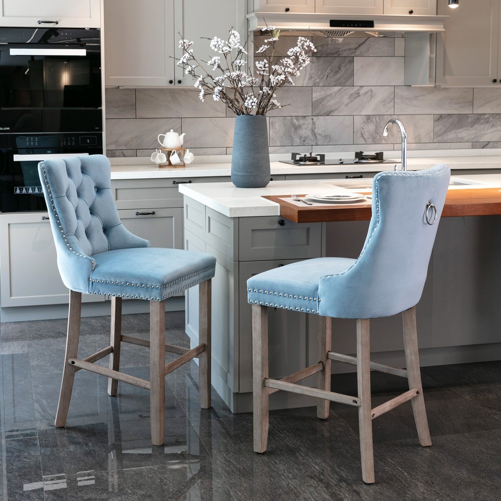 Contemporary Velvet Upholstered Barstools with Button Tufted Decoration and Wo