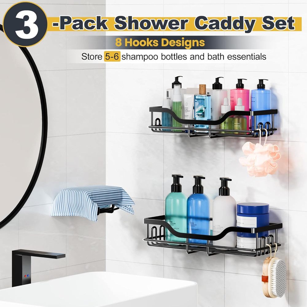 3-Pack Shower Caddy with Soap Holder, Adhesive Rustproof No-Drill Strudy Loading