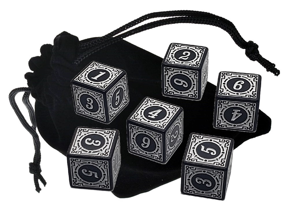 (6) 16mm Numbers Dice White Black w/Pouch + PU Leather Grey Felt Lined Dice Cup