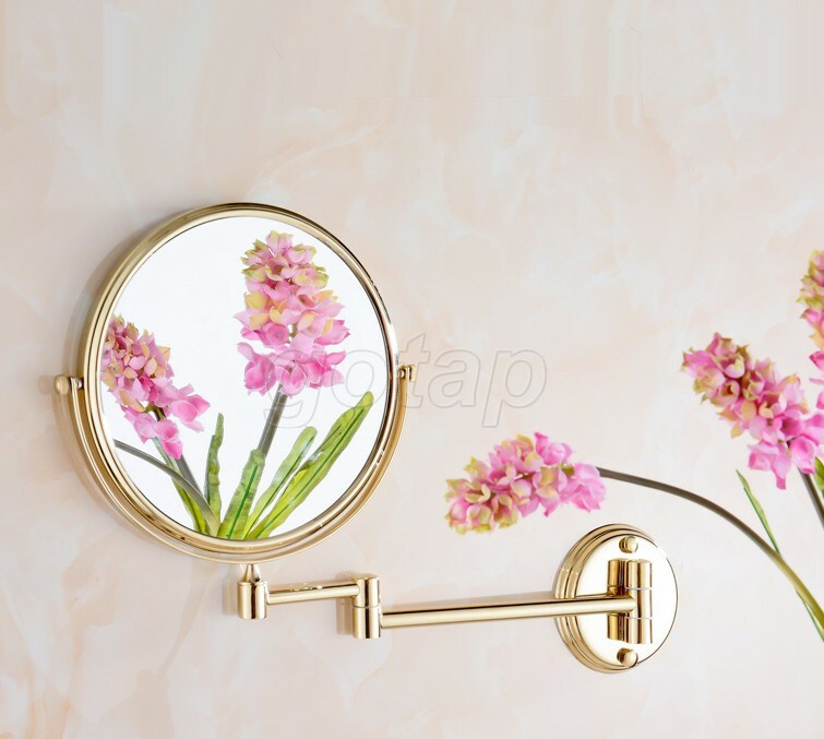 Gold Brass Folding Dual Arm Extend Bathroom Mirror Wall Mounted Makeup Mirror