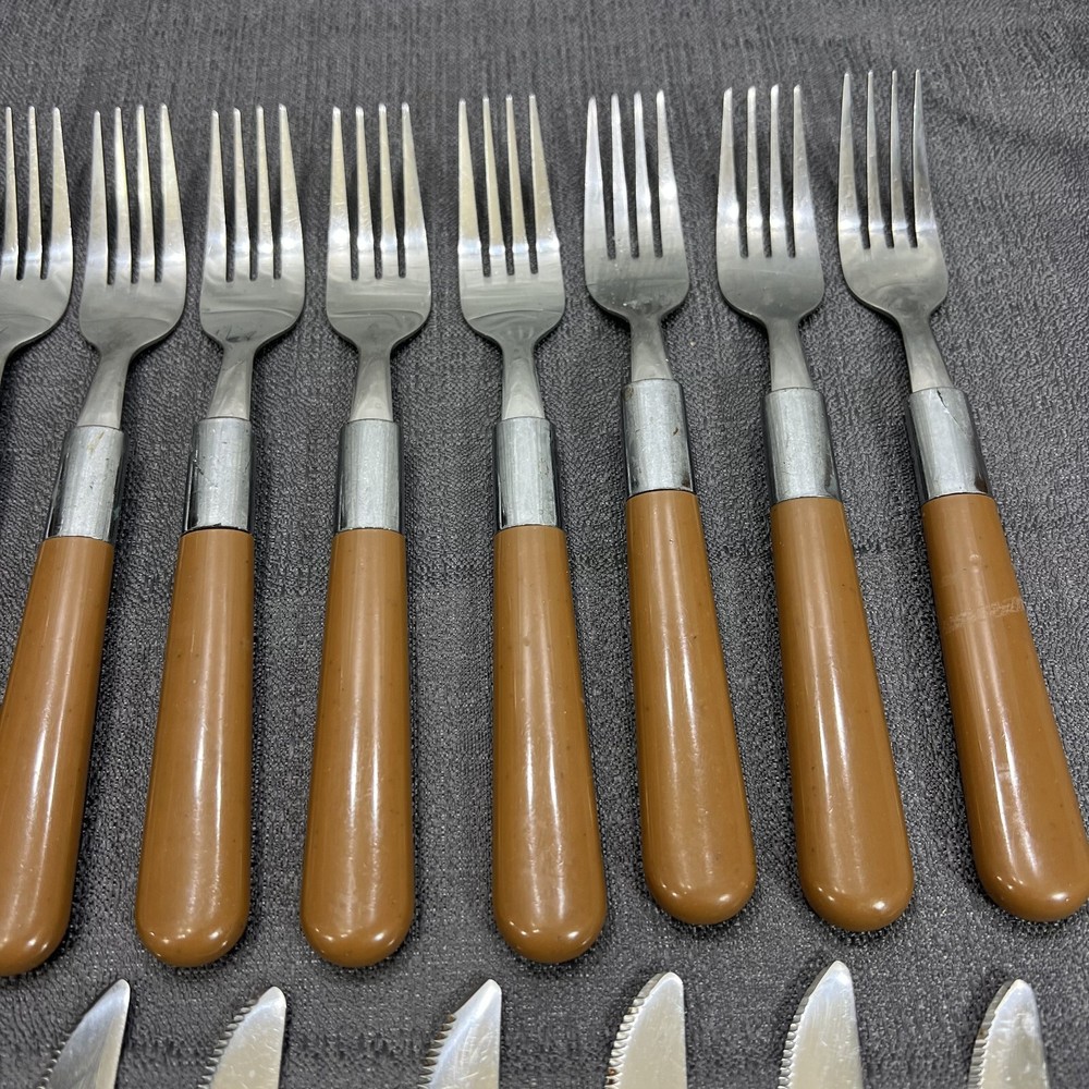 Vintage 20 Piece Butterscotch/Brown Plastic Handles Stainless Flatware