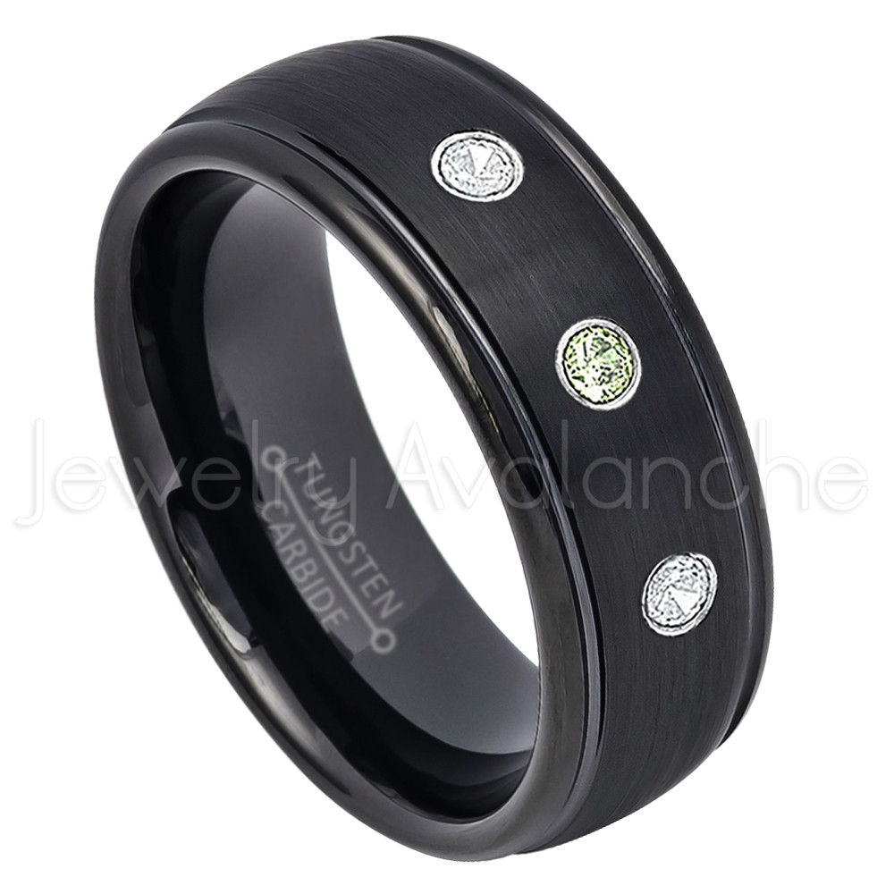 Tungsten Ring,0.21ctw Peridot & Diamond 3-Stone Ring August Birthstone Ring #664