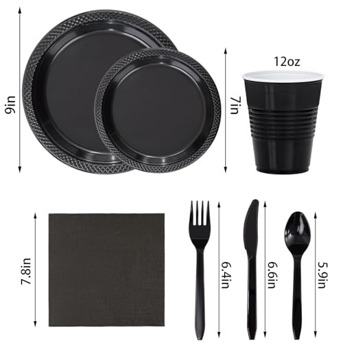 210 PCS Plastic Plates for 30 Guests - Disposable Dinnerware Set - Black