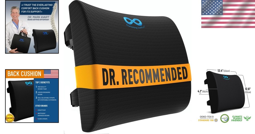 Brand New Lumbar Support Pillow - Adjustable, Memory Foam, Black, Standard
