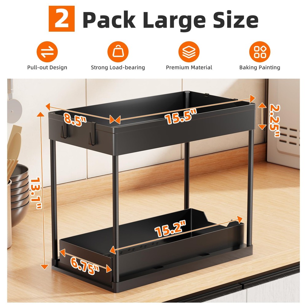 Under Sink Organizer 2 Pack, Sink Pull-Out Sliding Storage Cabinet, 2-Tier Un...
