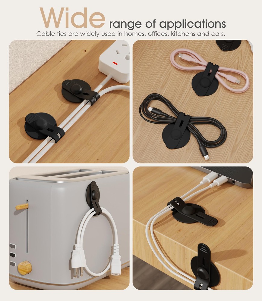 Nearockle Cable Management Under Desk, Adjustable 10 Pack, Black