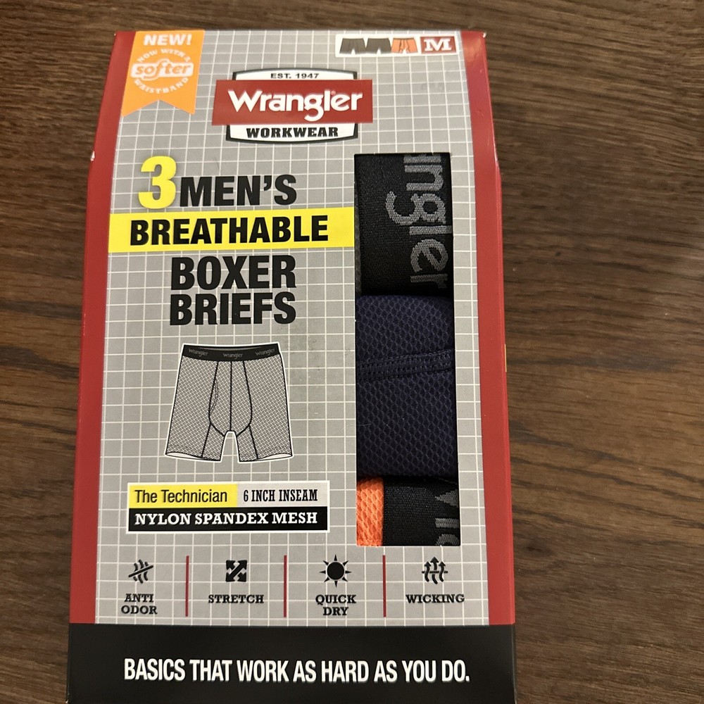 New Wrangler Men's Breathable Boxer Briefs, 3 Pack, Multicolor, Size Medium