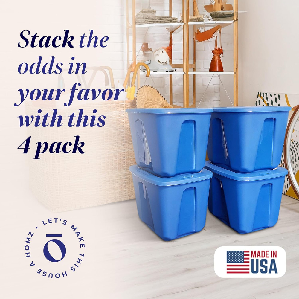 4-Pack Durable Molded Bin, Plastic Storage Containers W/Lids, 18 Gallon, Blue -