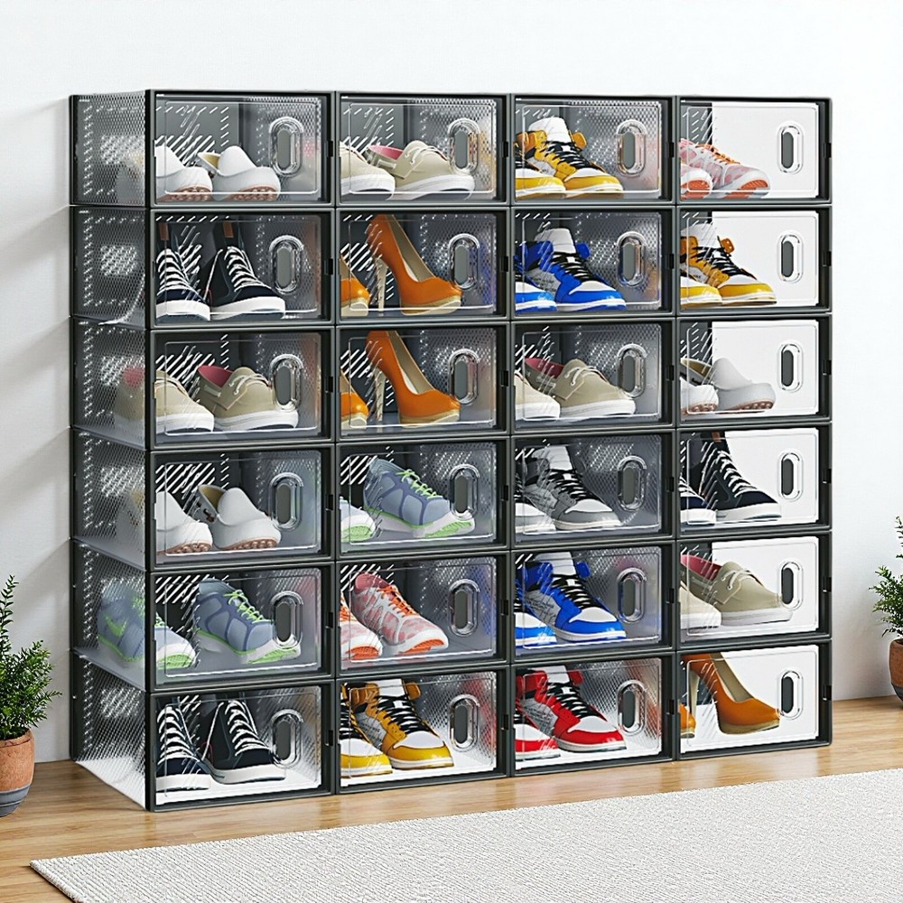 24-Pack Shoe Storage Boxes - Stackable, Door, Plastic Mesh, Black & Small Size