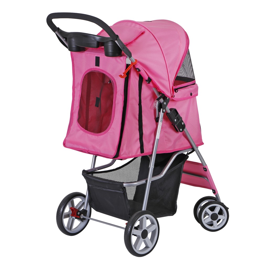 4 Wheel Pet Stroller Foldable Dog Stroller Cat Stroller with Storage Basket Pink
