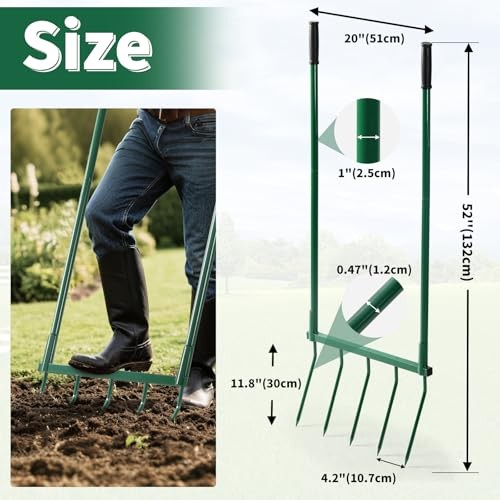 Broadfork Garden Tool with Steel Handle Heavy Duty Five Tines Broad Fork for