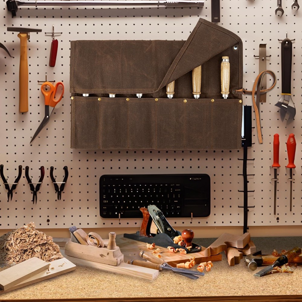 Chisel Roll,6 Pockets Roll Up Tool Pouch,Waxed Canvas Small brown