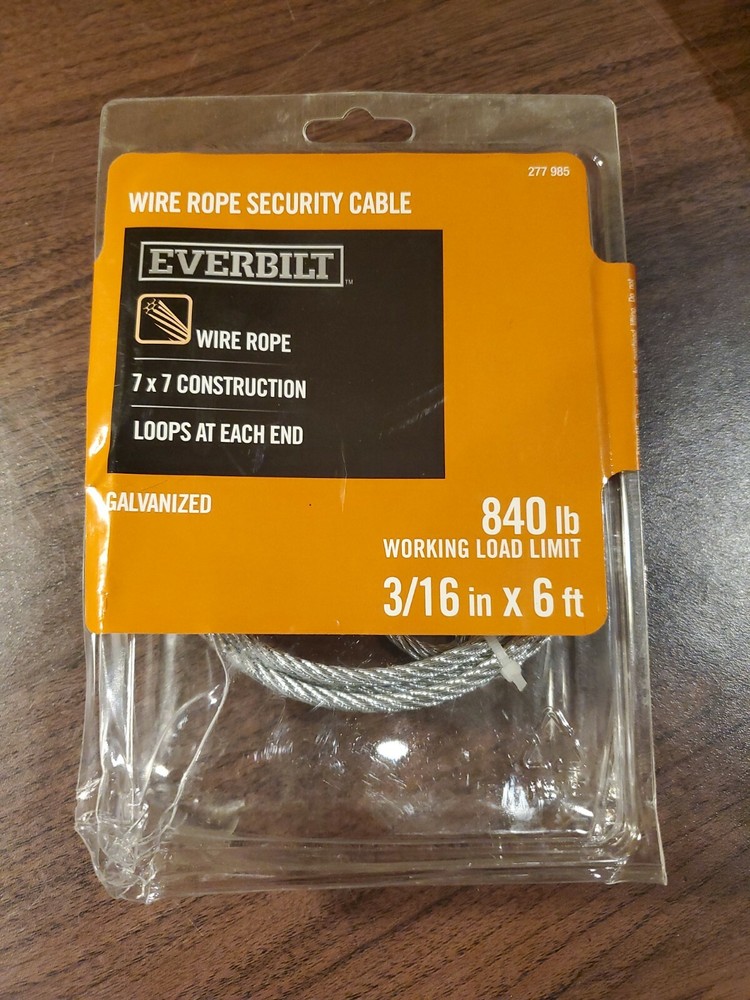 Everbilt Galvanized Wire Rope 3/16in X6ft, 840lb Work Load.