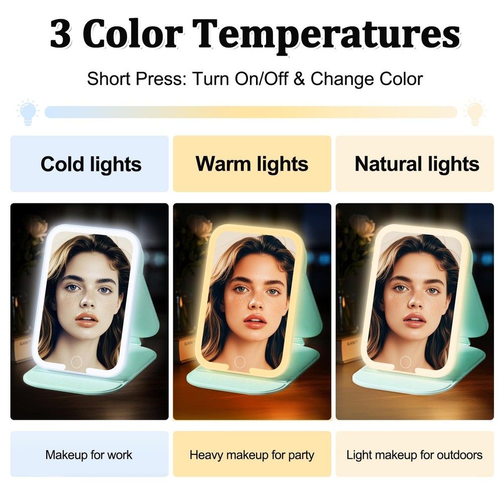 Rechargeable LED Travel Makeup Vanity Mirror Lights Touch Dimmable Light Green