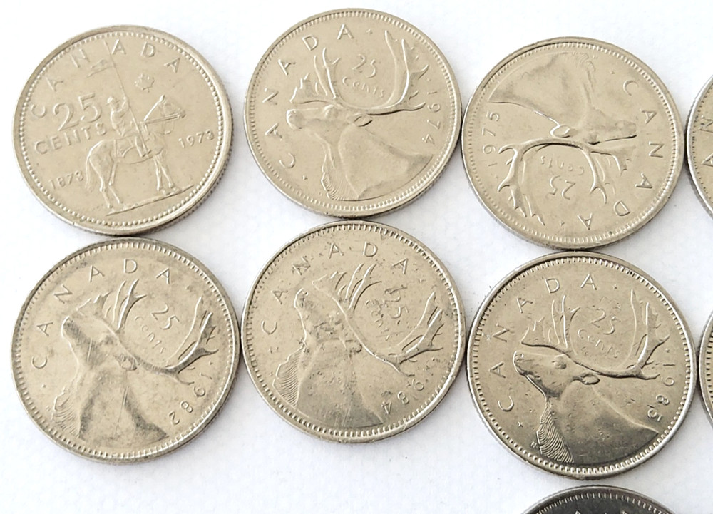 11 Canada 25 Cent Coins , 1973 to 1989 , nice grade , ,refde60